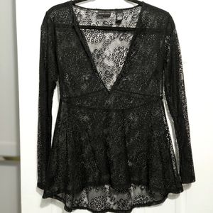 New York & Company Black Sheer Lace Top Sm